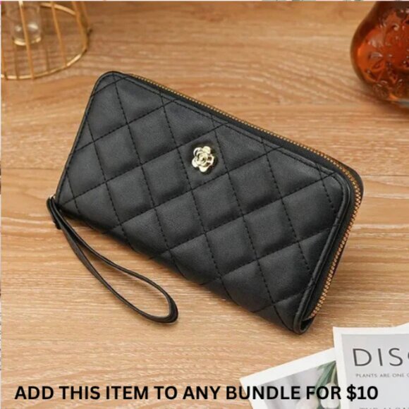 $10 ADD ON ITEM - Black Quilted Wallet Leather Wristlet Flower Zip Clutch Purse - Picture 1 of 4